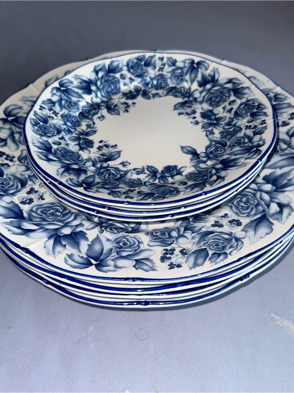 7- Sango Blue and White Rose Dinner Plates - Floral Ceramic Set